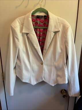 Attitudes by Renee White Faux Leather Blazer with Pink Lined Interior